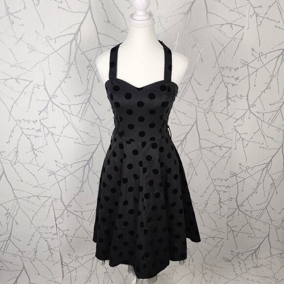 Hearts & Roses Black Velvet Polkadot Fit & Flare Halter Dress - Picture 1 of 7
